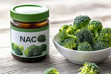 A jar labeled NAC sits beside a bowl of fresh broccoli on a wooden table, emphasizing healthy eating options in a natural setting