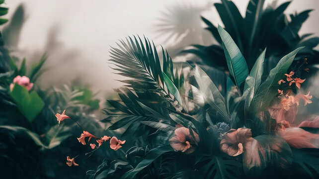A lush green jungle with a few pink flowers in the foreground