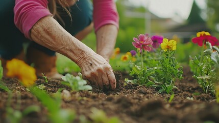 Fototapeta premium Grandmother and granddaughter planting flowers in a community garden, hands dirty with soil as they share a moment of connection and nurture new life together