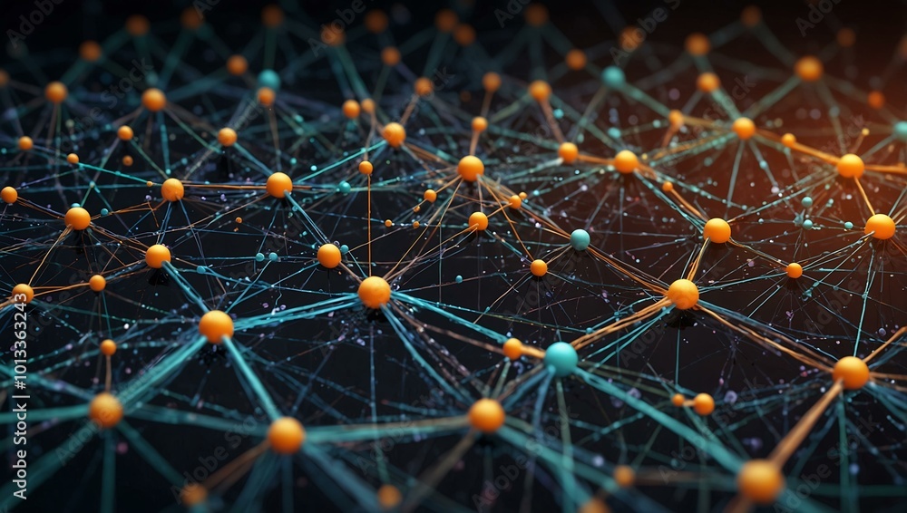 Poster 3d illustration of data flows forming a network.
