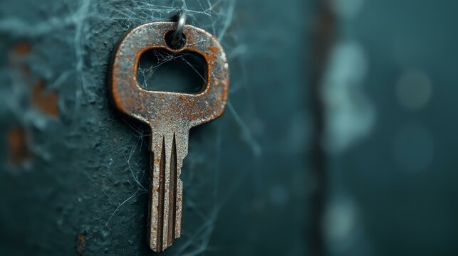 Close-up of an old rusty key hanging on a textured dark surface, surrounded by cobwebs, evoking a mysterious and forgotten ambiance.