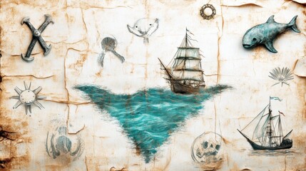 Fototapeta premium Vintage Treasure Map with Nautical Illustrations and Ship