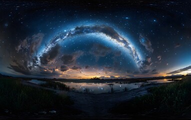 Breathtaking night sky with milky way over tranquil lake