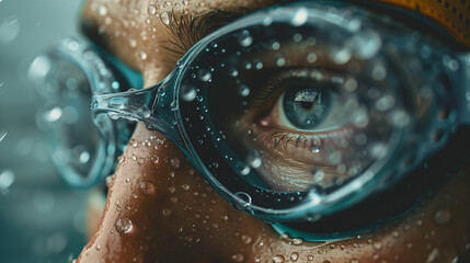 Close-up of a swimmer's goggles and eye in a pool