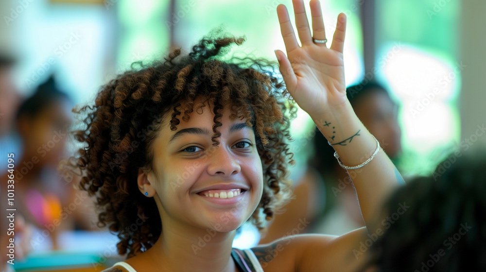 Poster smiling student raising hand in classroom, engaging in learning..
