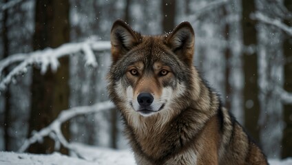 Obraz premium A brown wolf sits seriously in a snowy forest.