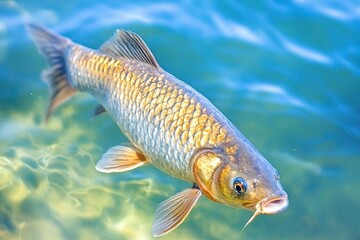 Fototapeta premium Fisherman Catches Large Carp With Float Technique at Serene Lakeside During a Sunny Day