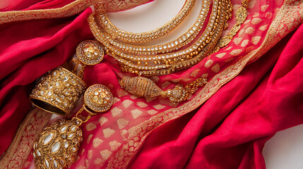 gold jewellery with saree, female indian clothes concept 