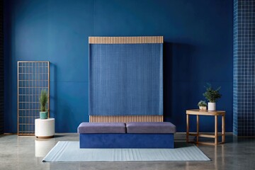 Modern blue interior with a sleek seating area and minimalist decor.
