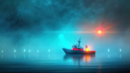 Fototapeta premium Tranquil Fishing Boat in Misty Water at Sunrise