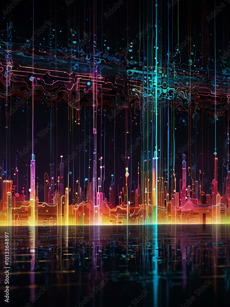 Poster a digital landscape flows with data streams and glowing circuits, offering a vibrant setting.