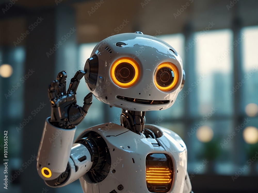 Poster a friendly robot waves hello in a bright, futuristic setting.