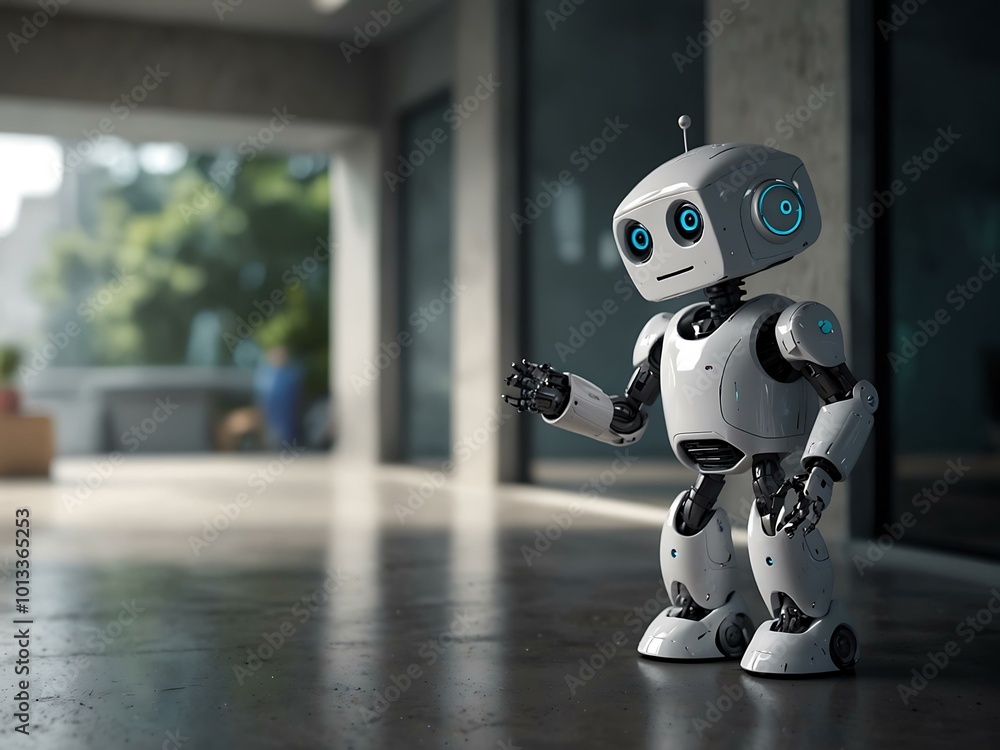 Poster a friendly robot waves hello in a bright, futuristic setting.
