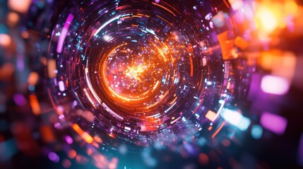 Obraz premium A vibrant, abstract representation of a swirling energy vortex with colorful particles.