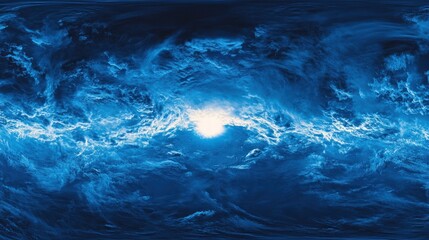 A 360 degree panoramic view of a stormy sky with white light shining through the clouds.