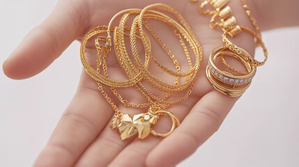 Hand holding gold rings on white background 