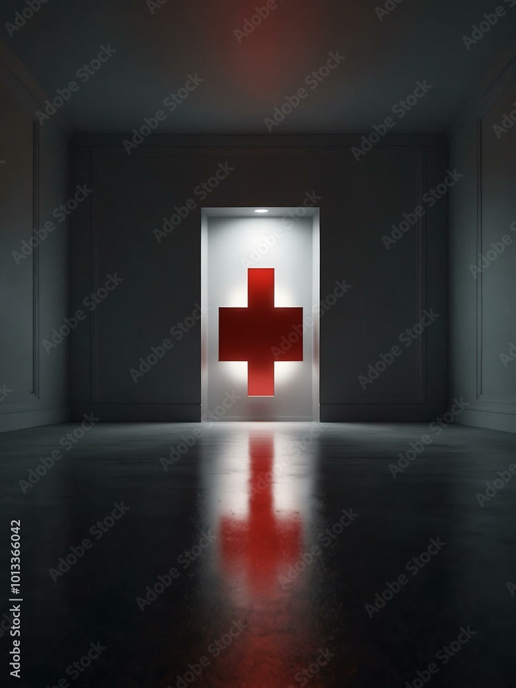 Poster a luminous white triangle with an inverted red cross reflected on a glossy floor in a dark room. 3d 