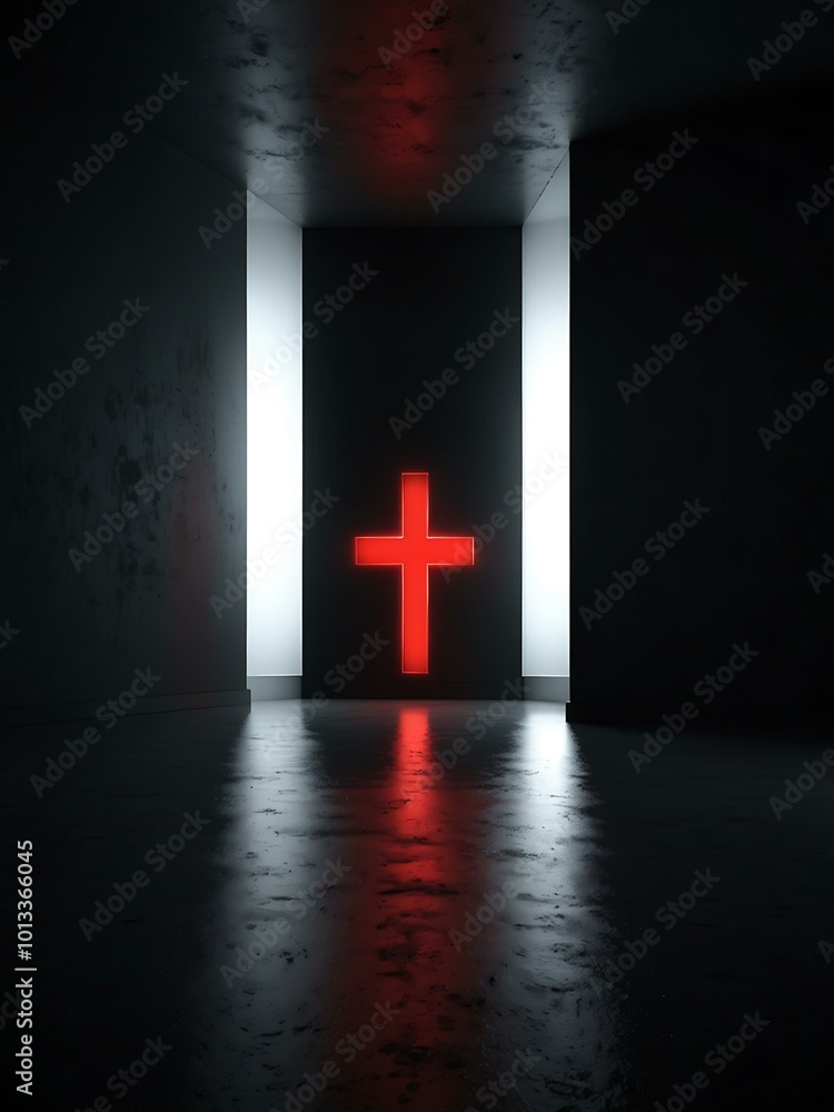 Poster a luminous white triangle with an inverted red cross reflected on a glossy floor in a dark room. 3d 