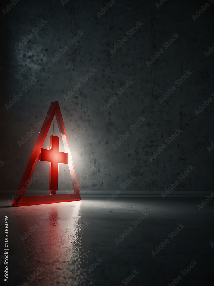Poster a luminous white triangle with an inverted red cross reflected on a glossy floor in a dark room. 3d 
