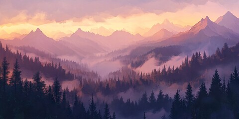 Obraz premium A painting of a mountain range at sunset, with a forest in the foreground. The sky is a soft pink and orange, and the mountains are a deep purple. The forest is silhouetted against the sky.