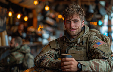 Fototapeta premium military personnel in a hipster coffee shop drinking coffee. sunny day