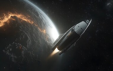 Futuristic spacecraft launching into space above the earth