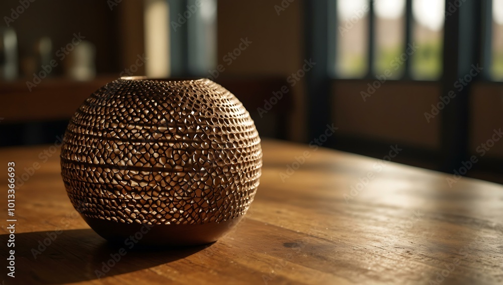 Poster a round patterned object rests on a wooden table in a warmly lit space.