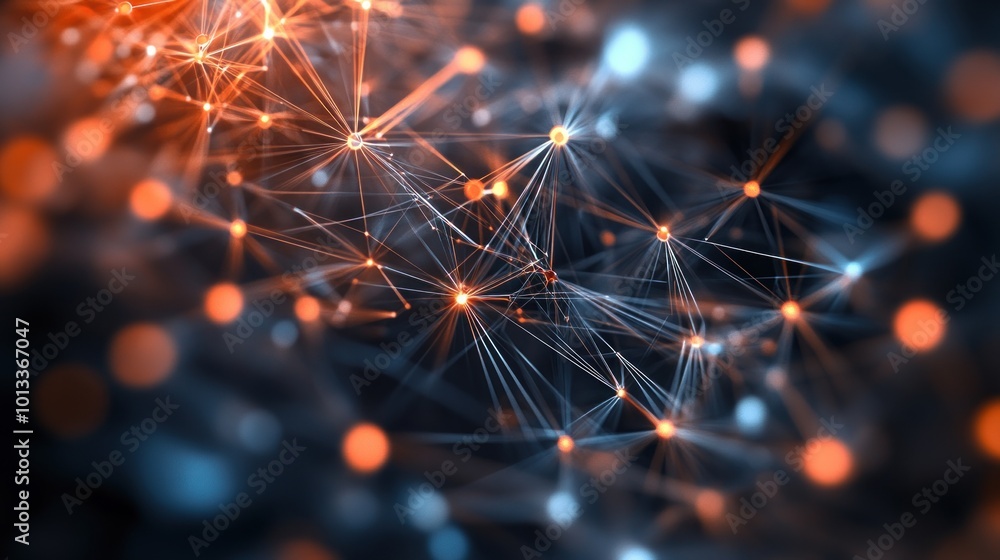 Poster abstract representation of interconnected nodes and lines, symbolizing data or networks.