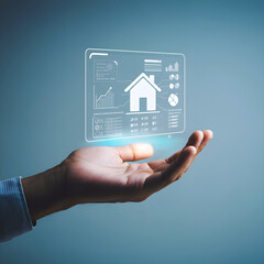 Real estate business investment, house on holographic screen with graphs over opened hand, financial management and planning, income growth, mortgage loan, buying house.