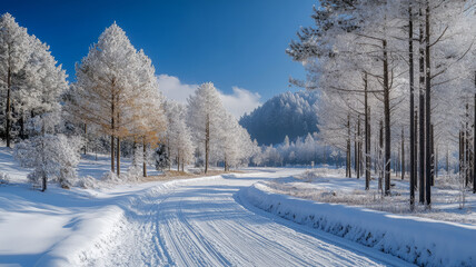 Obraz premium Under the heavy snow, the Metasequoia trees were covered with a soft brown velvet, the snowy road curved and stretched as far as the eye could see, the sky was as blue as a painting.