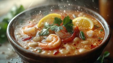 Showcase Thai soup's rich flavors with bold photography, vibrant angles, and dynamic lighting