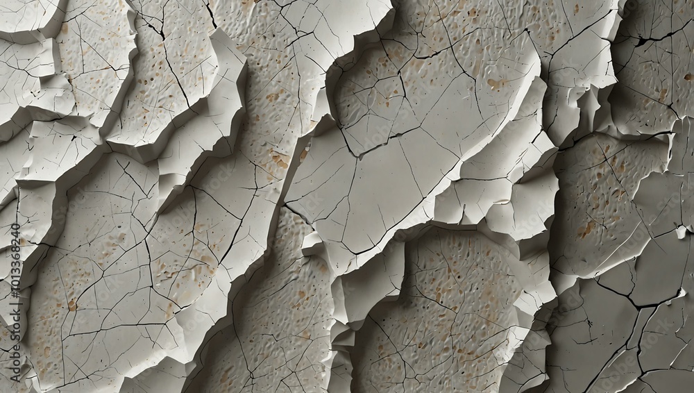 Poster a textured surface shows deep cracks on a white backdrop, creating an abstract pattern.