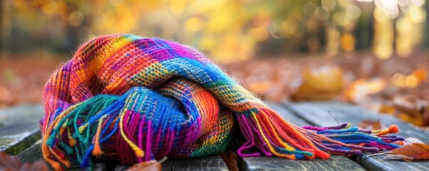 colorful scarf lying on a wooden table in an autumn forest setting with blurred background