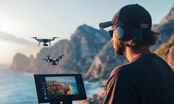 Man controlling drones with tablet in scenic landscape.