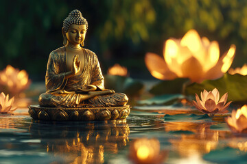 golden buddha sitting on water with reflection, glowing lotus flowers in background