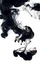 Black ink in water, creating an abstract background with smoke-like shapes on a white background