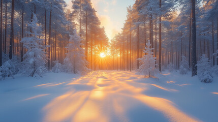  Snowy forest path with tall pine trees illuminated by golden sunset