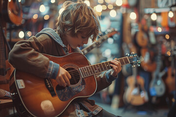 Boy playing acoustic guitar. Cute little boy playing guitar on blurred background in music instruments store. Guitar school banner