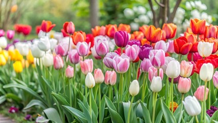 A vibrant row of colorful tulips blooming in a lush garden,A stunning display of multicolored tulips arranged in a garden,A picturesque garden filled with a row of colorful tulips.