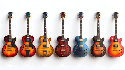 Naklejka premium Set of various guitars, variety of electric guitars isolated on white background. Colorful vintage electric guitars