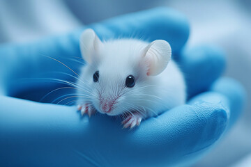Small experimental mouse is on the laboratory researcher's hand with blue glove. Close up
