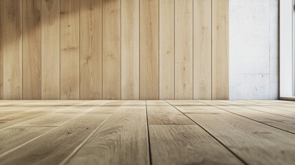 Naklejka premium A spacious interior featuring wooden flooring and wall panels, designed for aesthetic appeal.