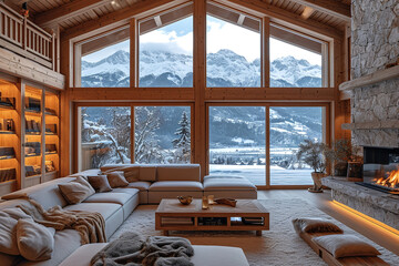 Mountain home with modern wooden interior, huge panoramic window overlooking the winter forest. Luxury wooden chalet with fireplace. Cozy and elegant interior design.	