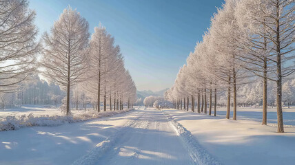 Under the heavy snow, the Metasequoia trees were covered with a soft brown velvet, the snowy road curved and stretched as far as the eye could see, the sky was as blue as a painting.