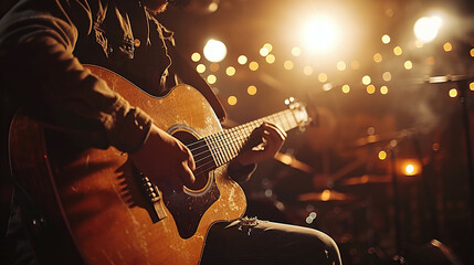 Close up of guitarist on stage. Music band group perform on a concert stage.