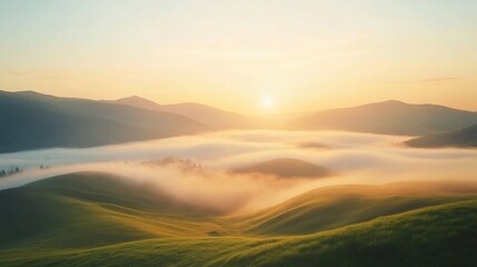 Fototapeta premium Misty Landscape at Sunrise Over Rolling Hills