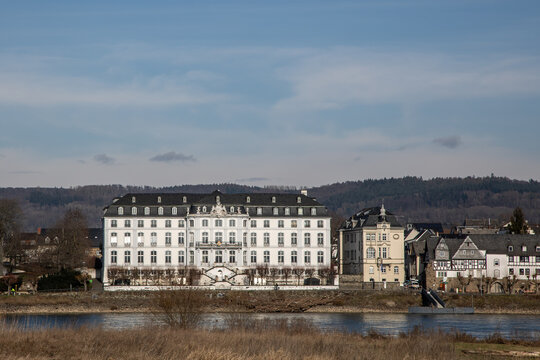 View across the river Rhine at the baroque residence on Neuwied Engers, Germany