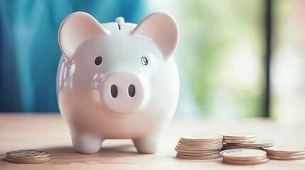 Piggy bank with coins on wooden table