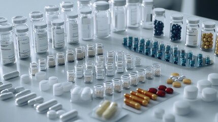 An assortment of various pills and medications in glass vials and blister packs on a white surface.