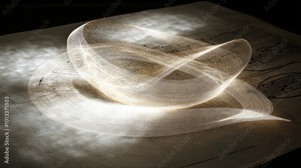 Poster abstract light trails creating swirling, circular patterns on a piece of sheet music.